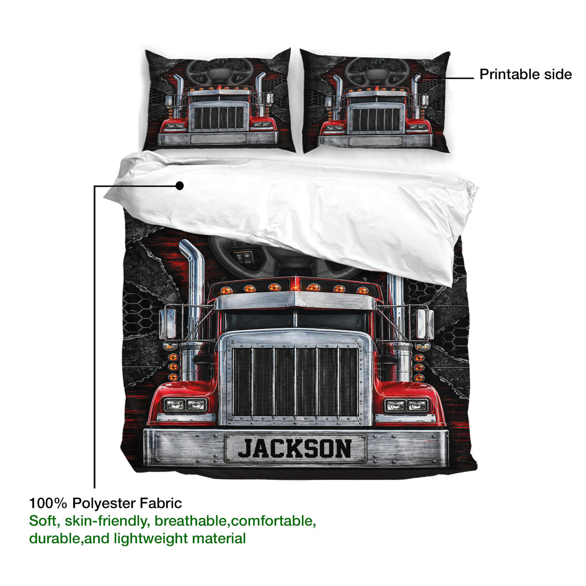 Trucker duvet cover bedding set showing the printable side, red semi truck artwork, and fabric detail