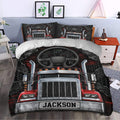 Red and black semi truck duvet cover set styled in a modern bedroom with matching pillowcases