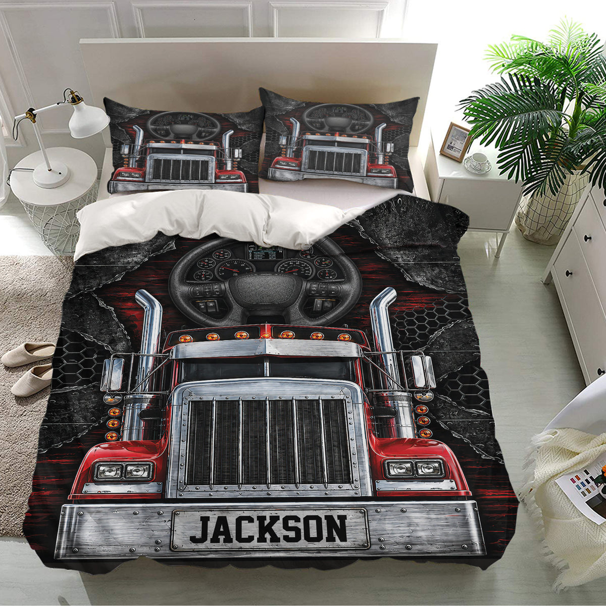 Bold trucker bedroom decor featuring a chrome semi truck duvet cover and coordinated pillowcases