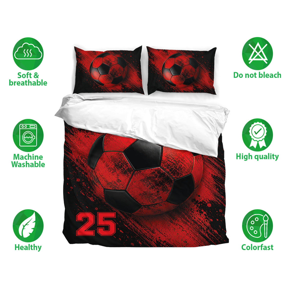 Red and black soccer bedding set featuring a large ball design with soft breathable fabric details
