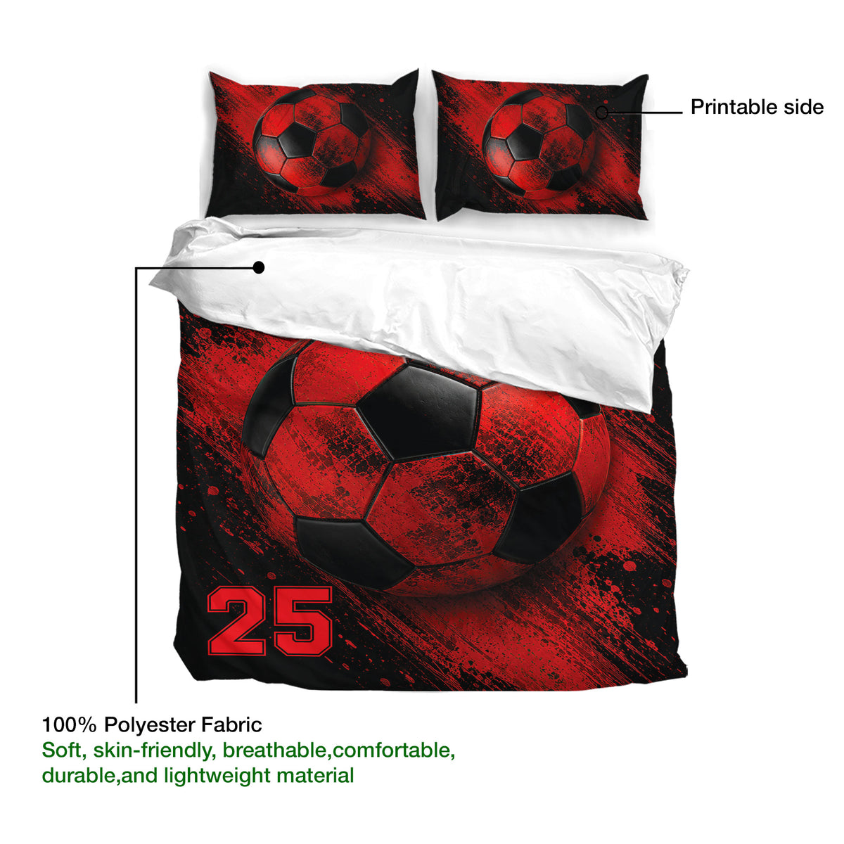Soccer duvet cover set shown with bold ball artwork, red and black colors, and lightweight fabric