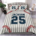 Custom baseball duvet cover set in white and navy with red stitching, pinstripes, and a bedroom presentation