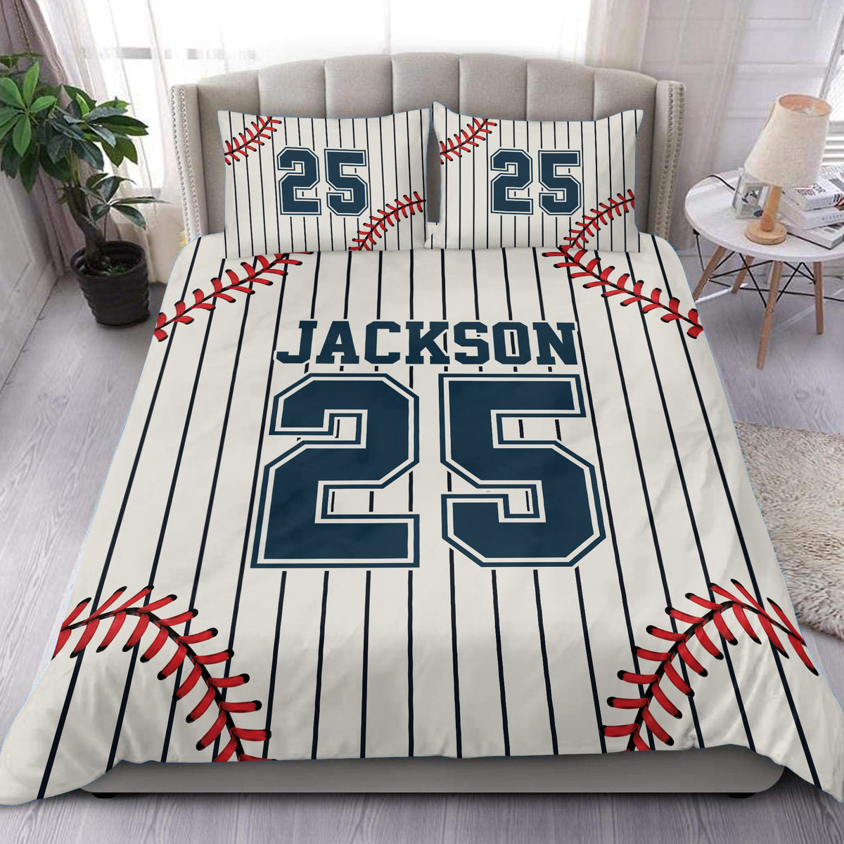 Custom baseball duvet cover set in white and navy with red stitching, pinstripes, and a bedroom presentation