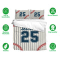Baseball bedding set displayed with pinstriped duvet cover and matching pillowcases in white, navy, and red