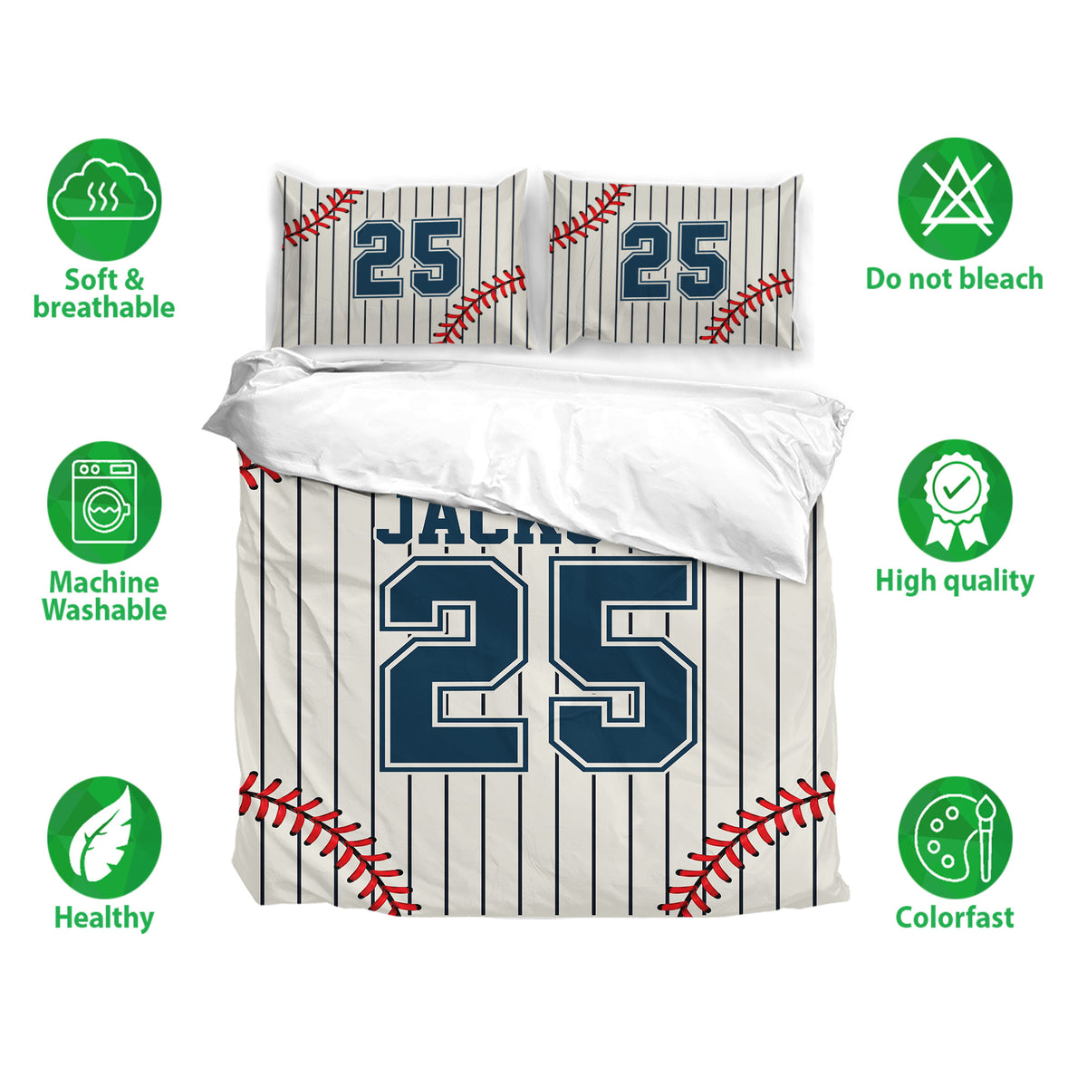 Baseball bedding set displayed with pinstriped duvet cover and matching pillowcases in white, navy, and red