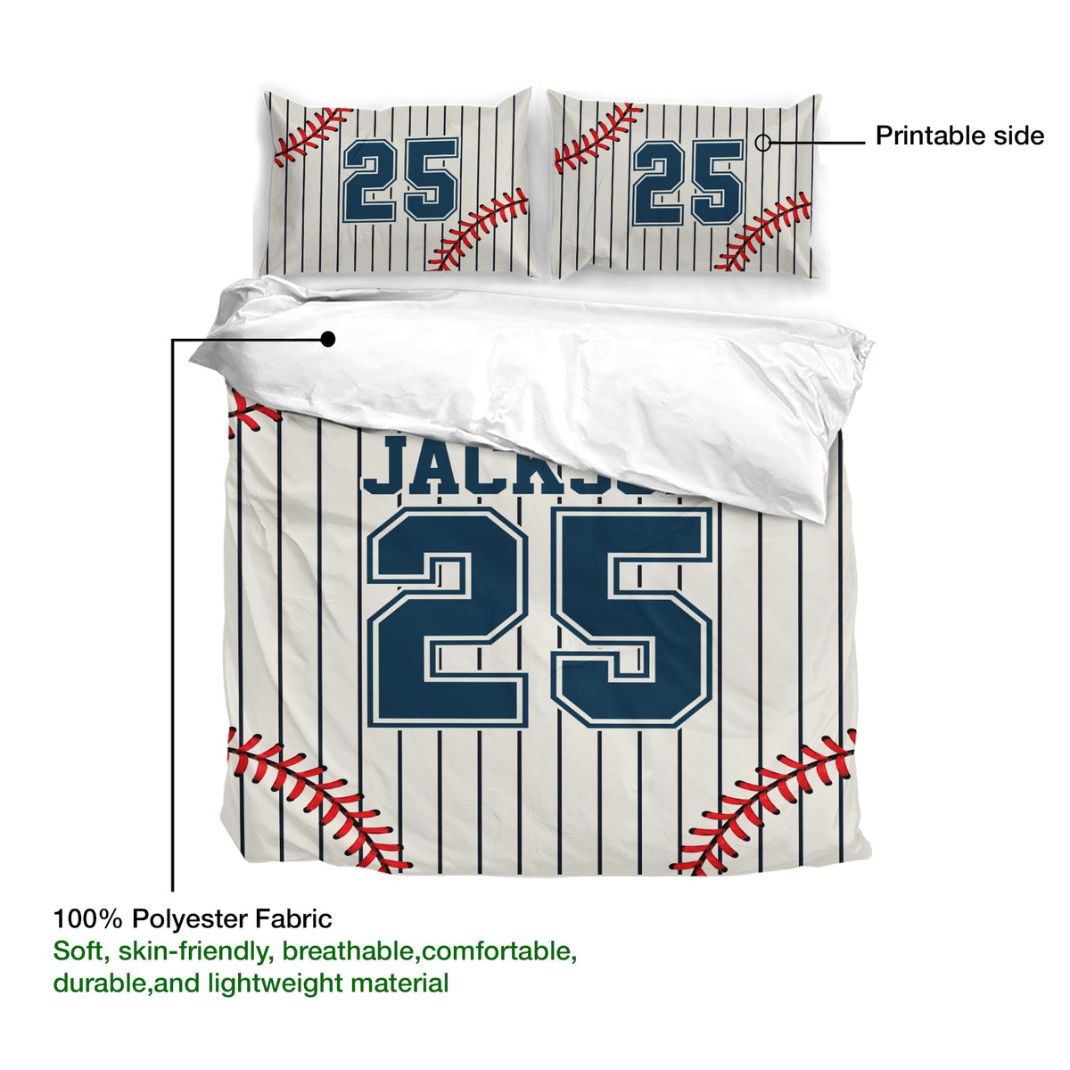 Baseball duvet cover bedding set showing the printable side, fabric detail, and pinstriped sports design