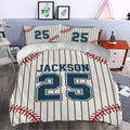 Custom baseball duvet cover styled in a bedroom with navy lettering, red stitching, and classic pinstripes