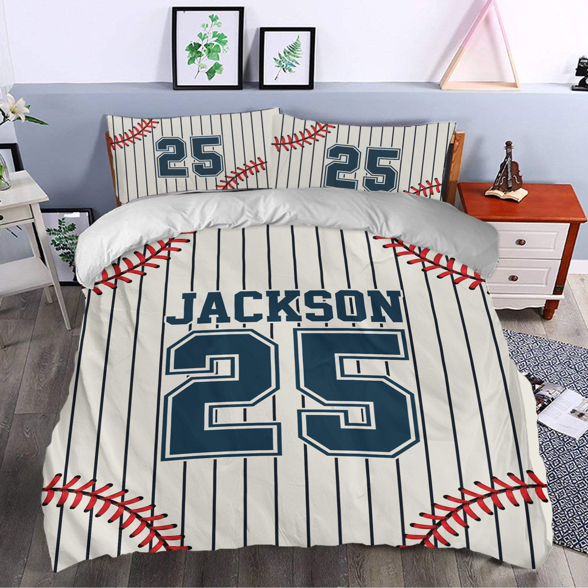 Custom baseball duvet cover styled in a bedroom with navy lettering, red stitching, and classic pinstripes