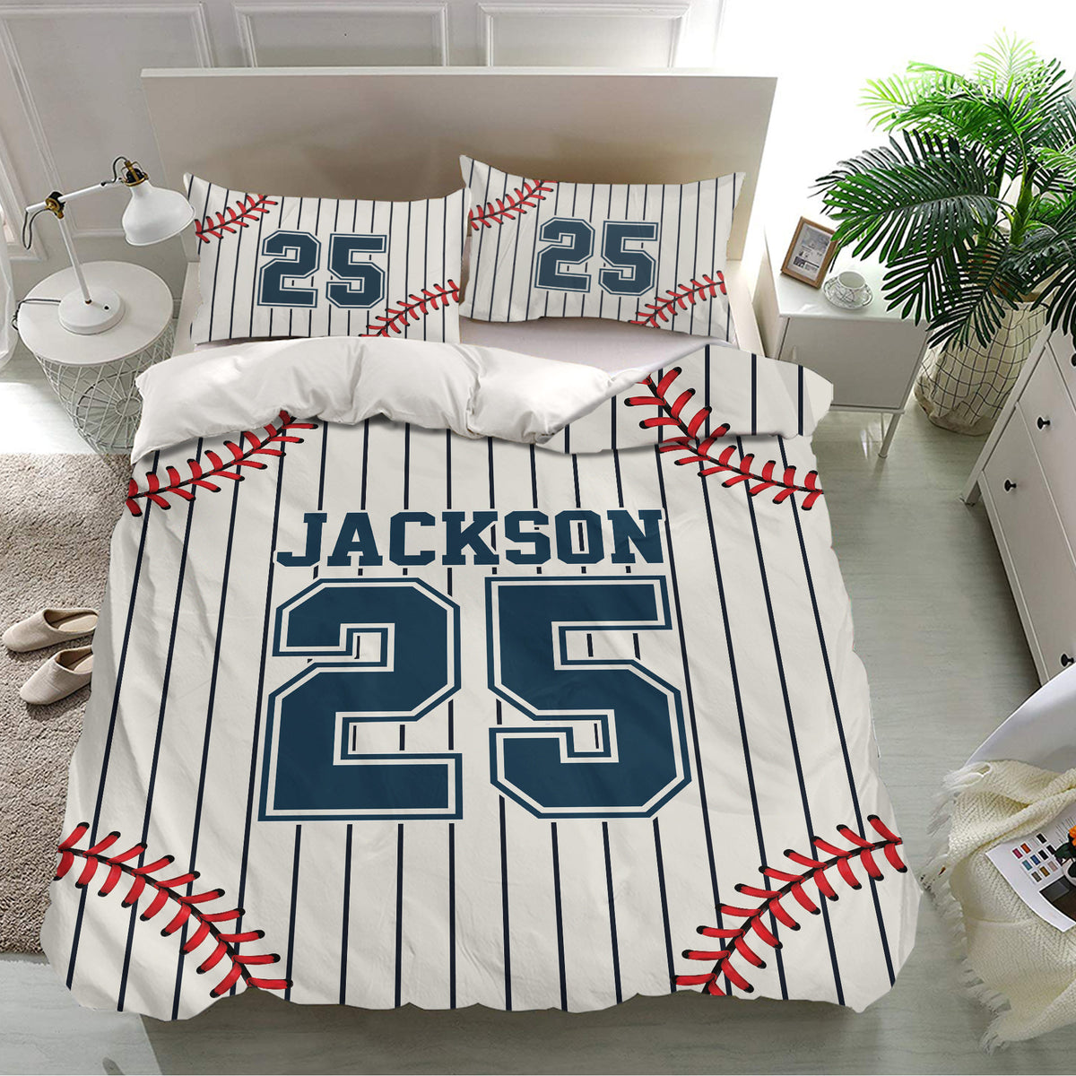 Baseball bedding set displayed in a bright bedroom with matching pillowcases, red stitching, and navy pinstripes