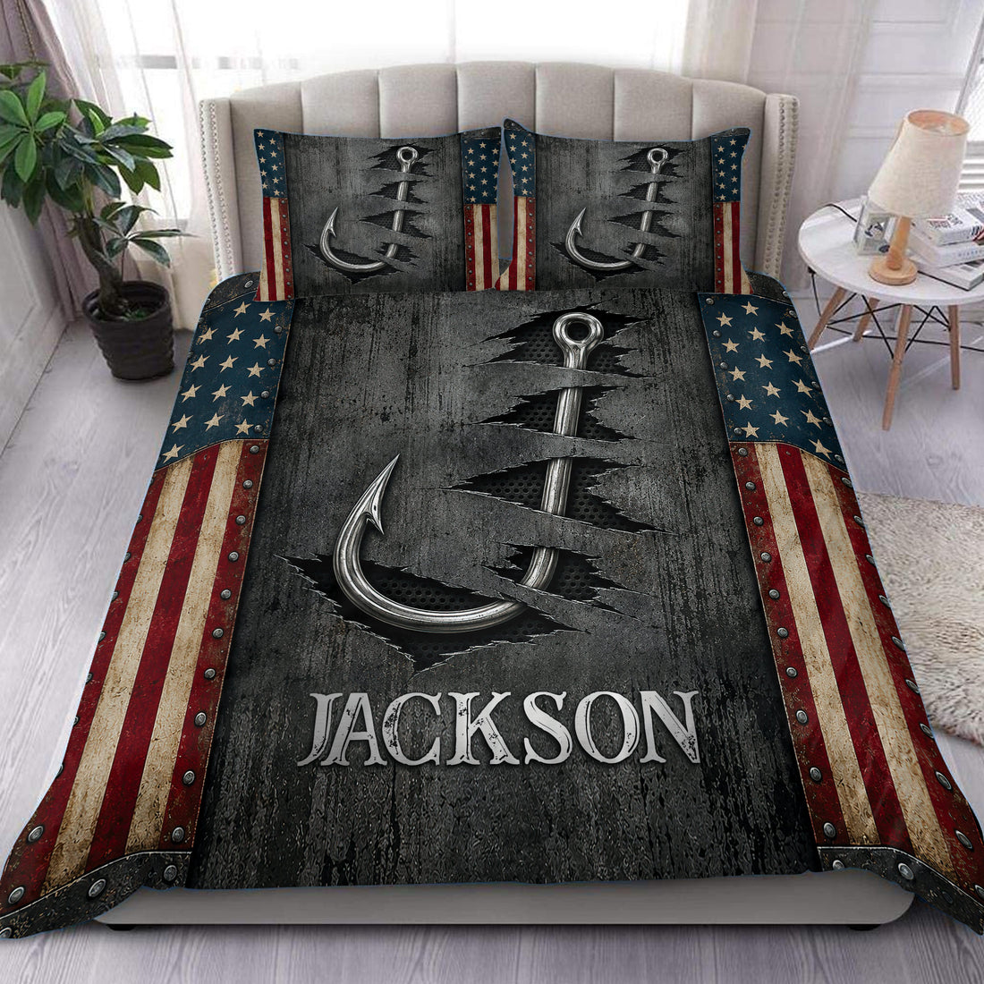 Fishing duvet cover set displayed on a bed with large metallic hooks, patriotic flag stripes, and dark textured artwork