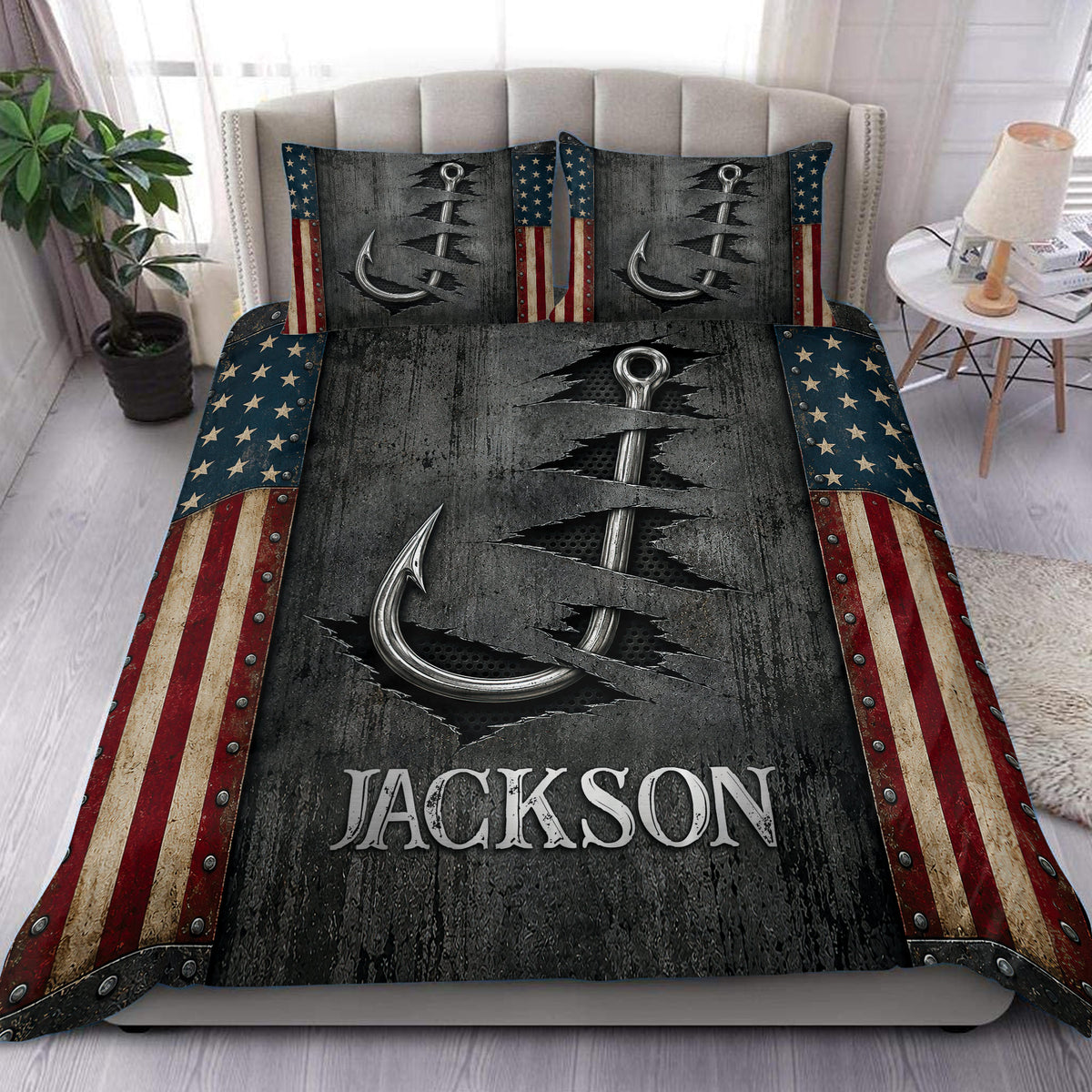 Fishing duvet cover set displayed on a bed with large metallic hooks, patriotic flag stripes, and dark textured artwork