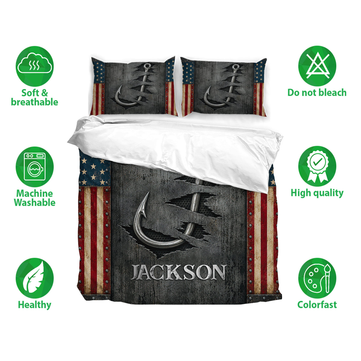 Fishing duvet cover bedding set shown with matching pillowcases and visible care and fabric feature icons