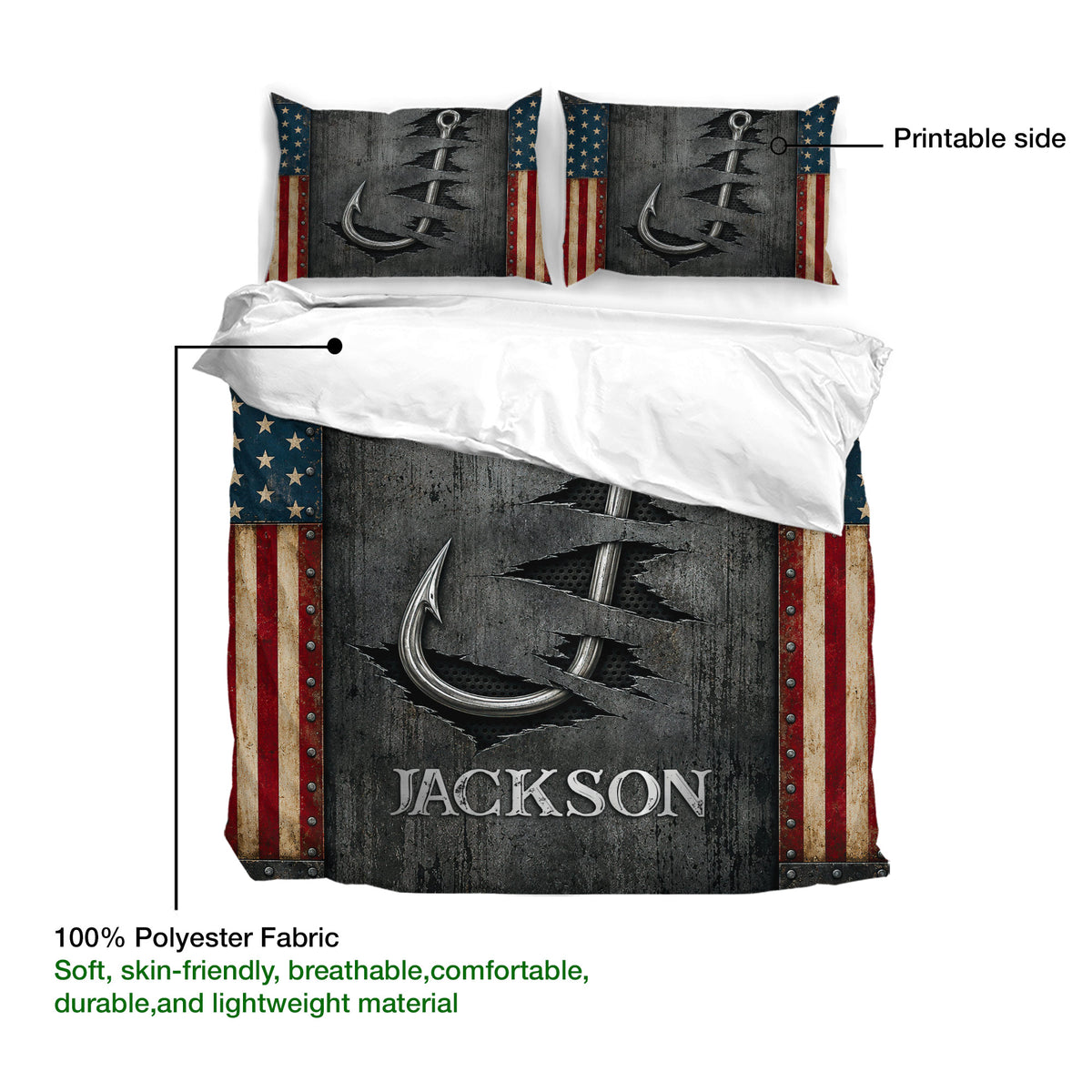 Fishing duvet cover bedding set detail showing printable hook artwork on soft polyester fabric
