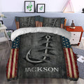 Fishing duvet cover set styled in a bedroom with patriotic flag borders and dramatic metallic hook artwork