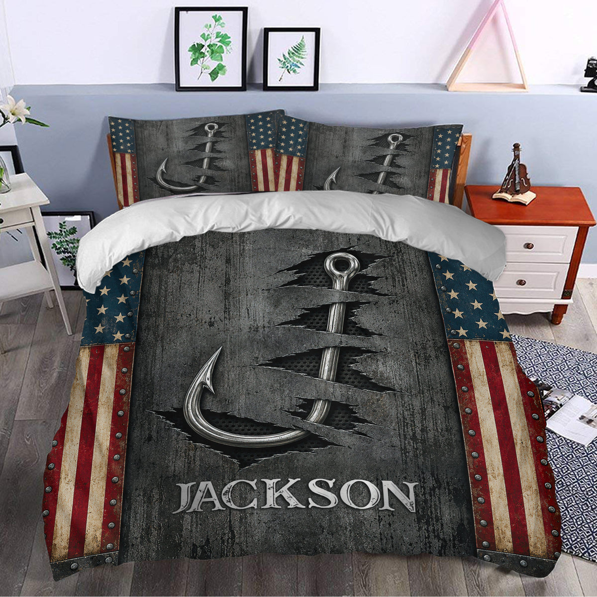 Fishing duvet cover set styled in a bedroom with patriotic flag borders and dramatic metallic hook artwork