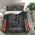 Fishing duvet cover bedding set shown in a bright bedroom with matching hook and flag pattern pillowcases