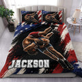 Wrestling duvet cover set displayed on a bed with wrestlers, red white and blue patriotic artwork