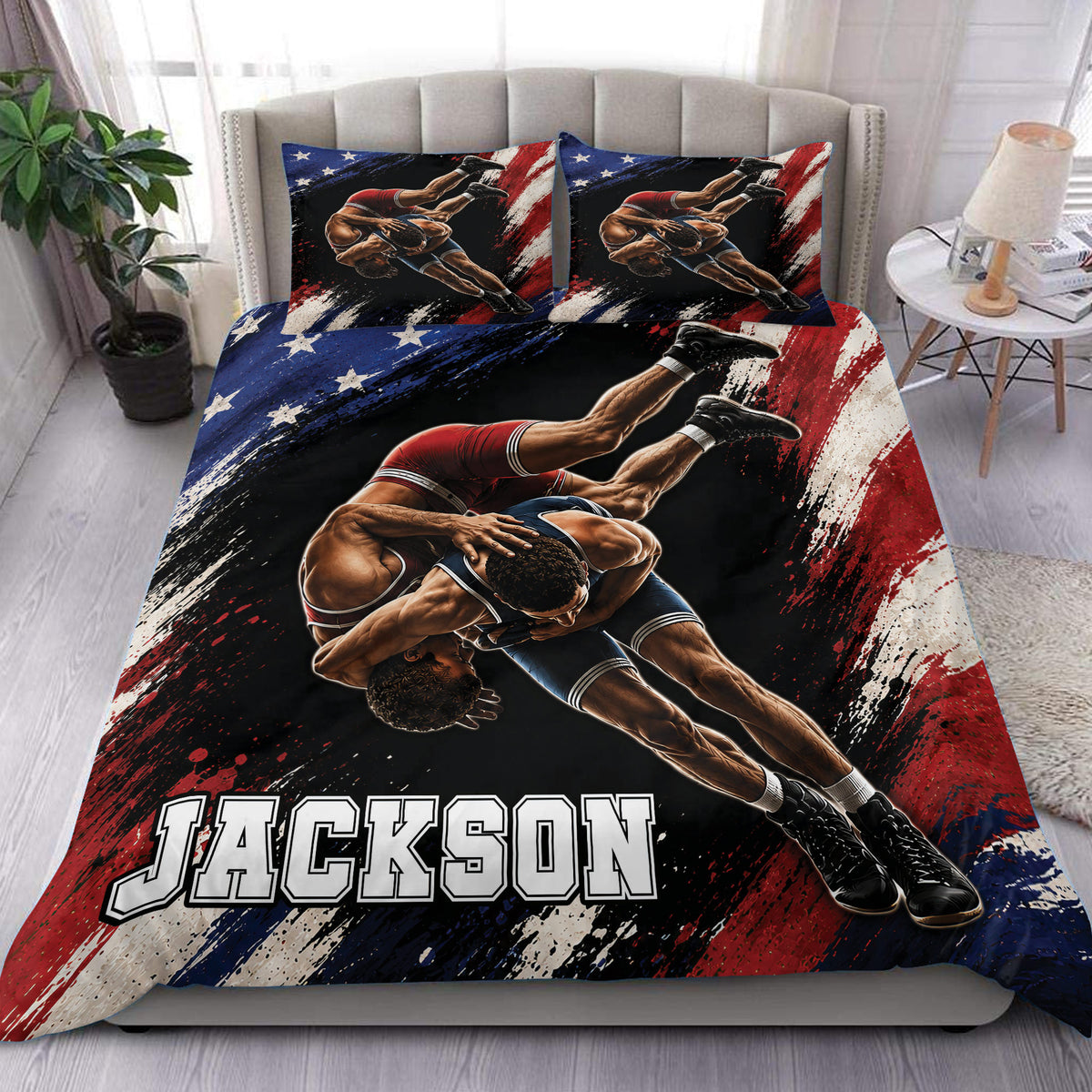 Wrestling duvet cover set displayed on a bed with wrestlers, red white and blue patriotic artwork