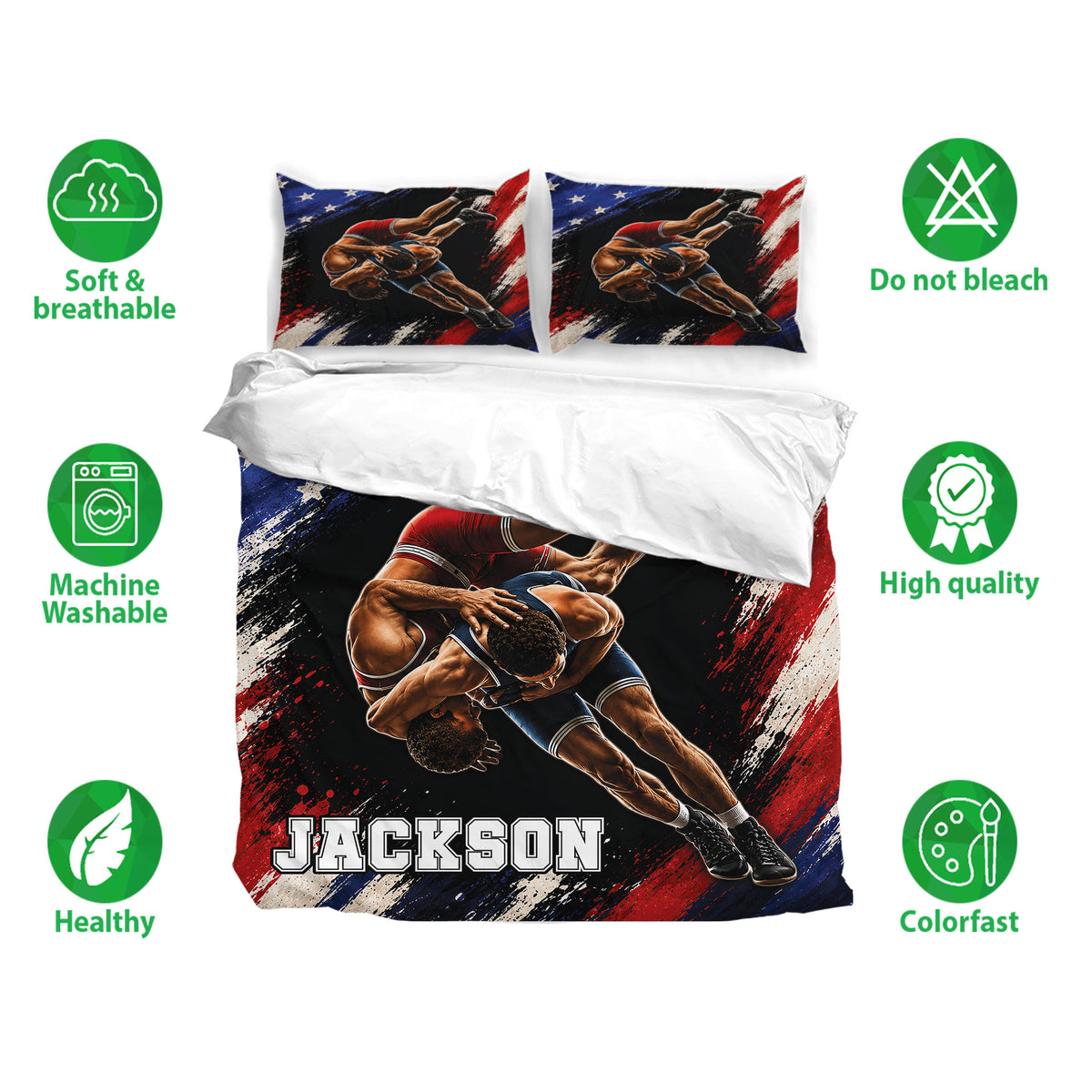 Wrestling bedding set shown with matching pillowcases and bold red, white and blue artwork
