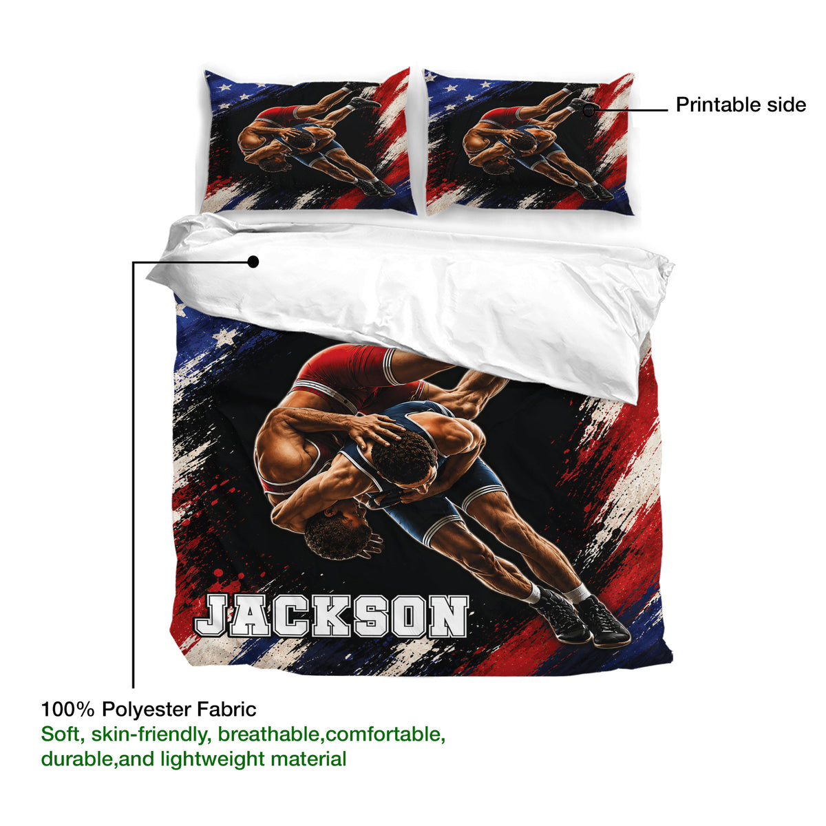 Wrestling duvet cover and pillowcases shown with printable artwork and soft polyester fabric details