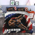 Wrestling duvet cover set styled in a bedroom with dramatic red, white, blue and black artwork