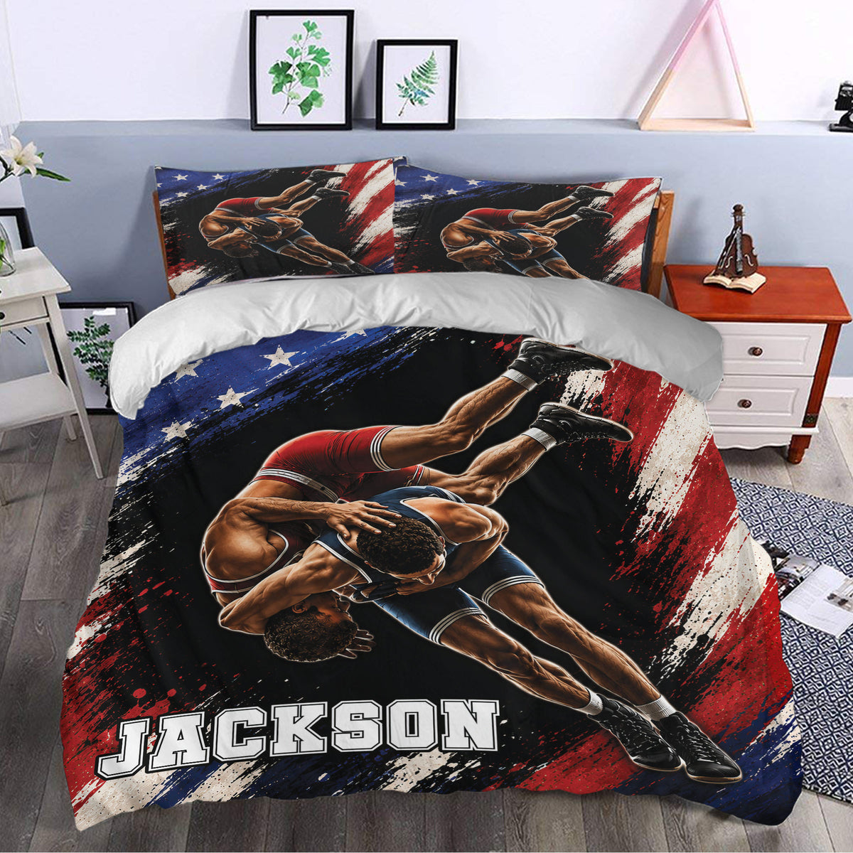 Wrestling duvet cover set styled in a bedroom with dramatic red, white, blue and black artwork