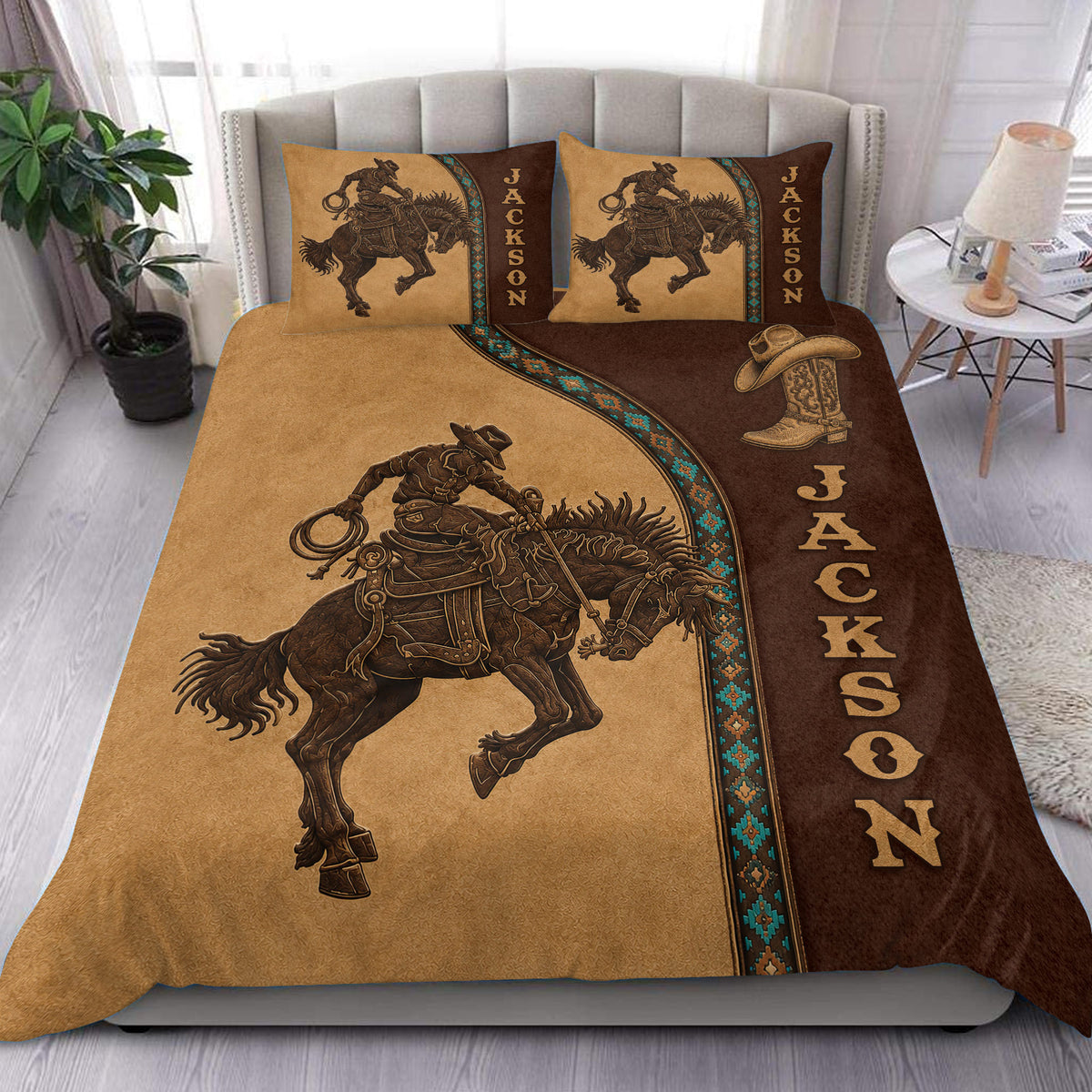 Rodeo duvet cover bedding set styled in a bedroom with bronc rider, cowboy boot, and Western border artwork