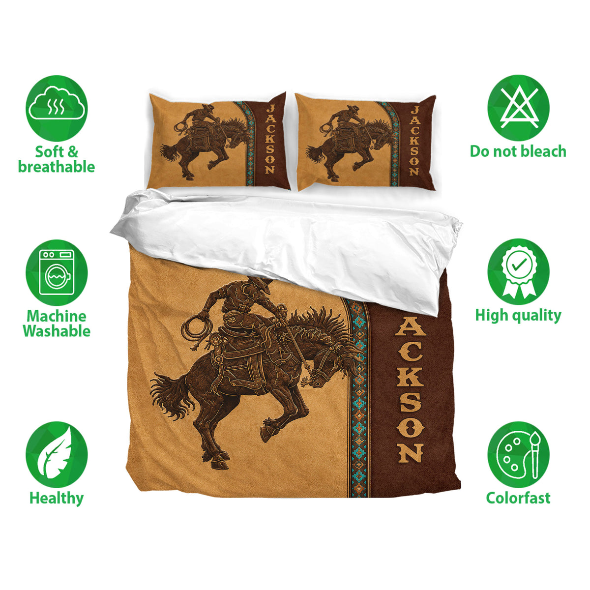 Rodeo duvet cover set displayed with bronc rider artwork, Western colors, and breathable bedding features