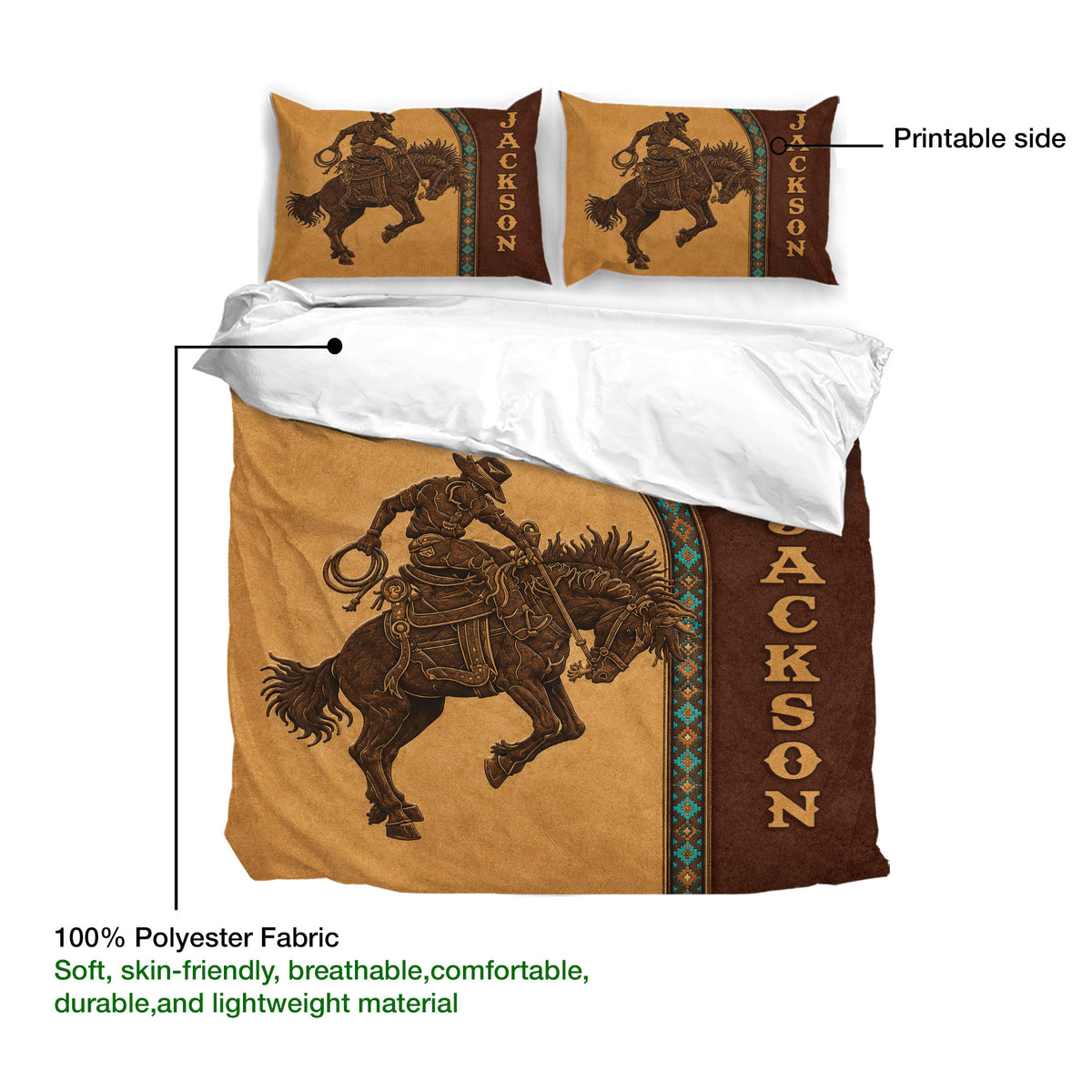 Rodeo duvet cover bedding set detail showing bronc rider artwork, decorative Western border, and printable fabric side