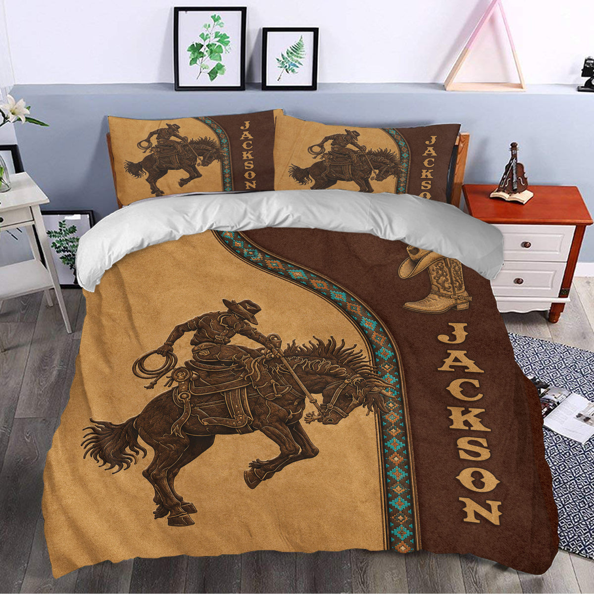 Rodeo duvet cover set styled on a bed with cowboy, horse, boot, and rustic Western bedroom decor