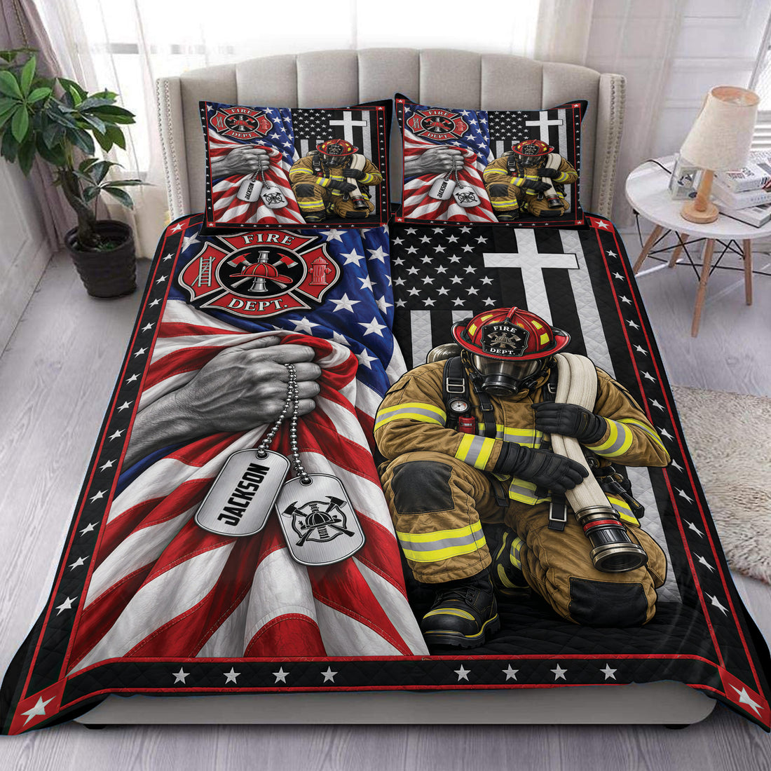 Firefighter duvet cover set featuring a patriotic flag design, fire department emblem, and firefighter artwork