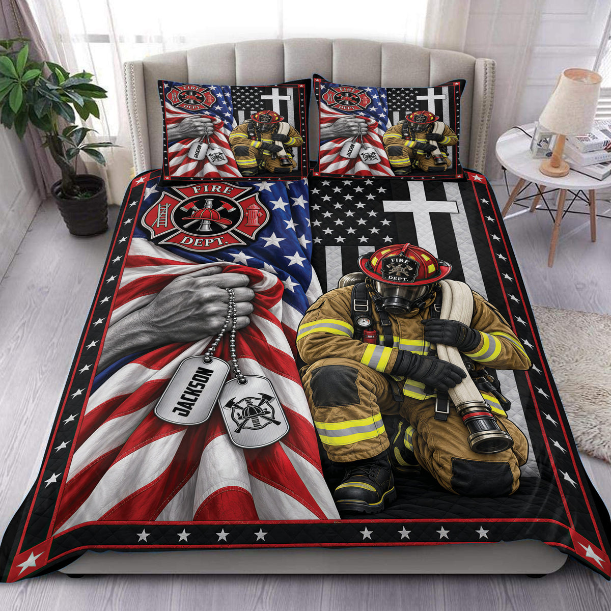 Firefighter duvet cover set featuring a patriotic flag design, fire department emblem, and firefighter artwork