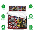 Firefighter bedding set displayed with matching pillowcases, patriotic colors, and detailed firefighter artwork