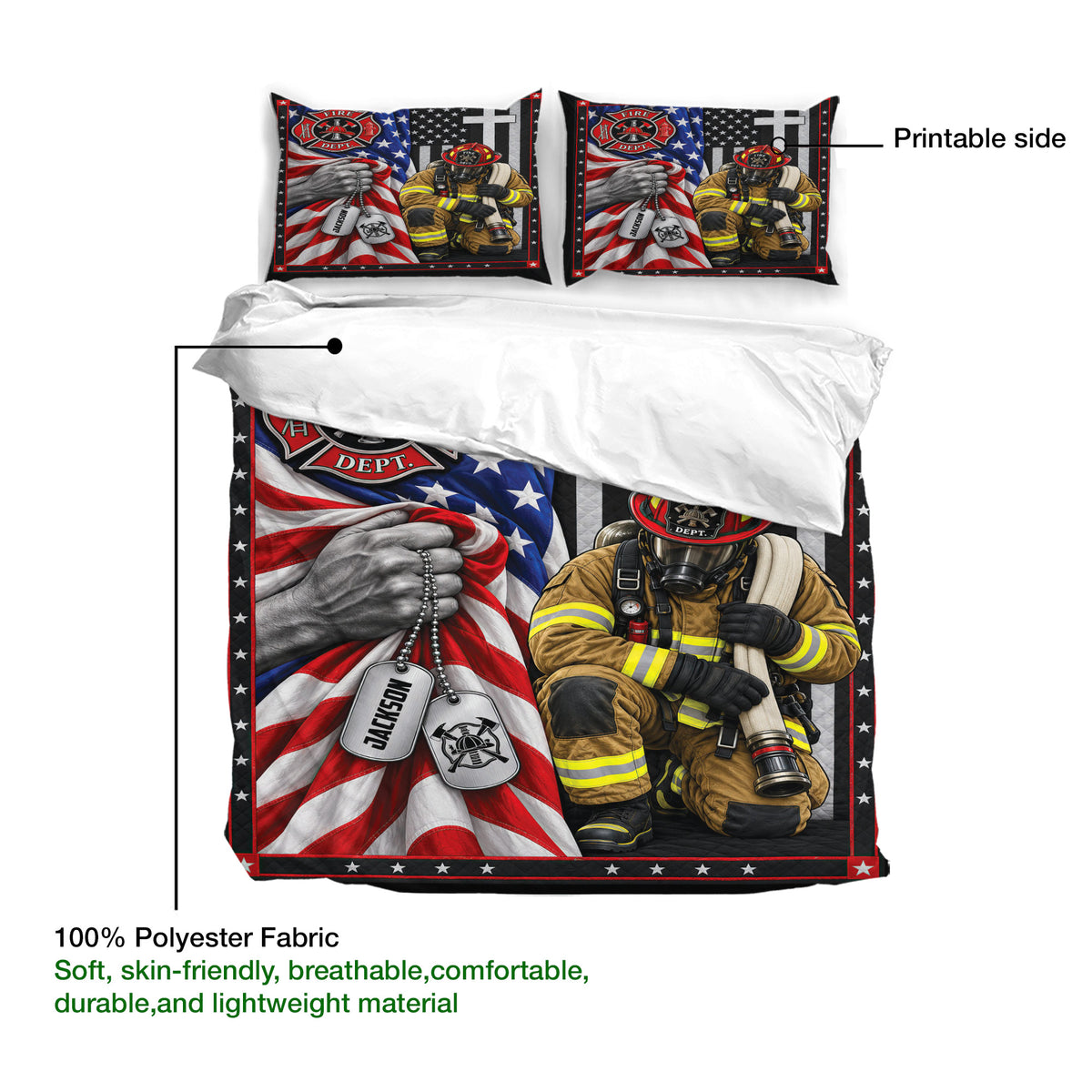 Firefighter duvet cover showing the printable artwork side with a firefighter, flag design, and bold emblem