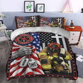 Patriotic firefighter duvet cover styled in a bedroom with red, white, blue, black, and gold artwork