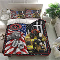Firefighter bedding set presented in a bright bedroom with matching pillowcases and detailed patriotic artwork