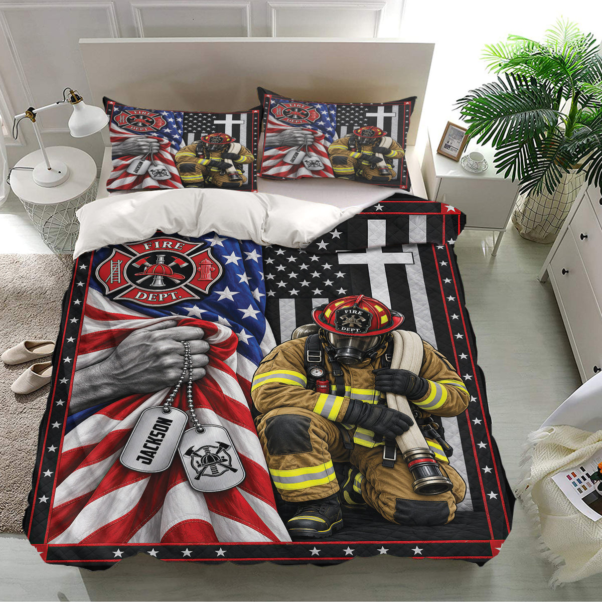 Firefighter bedding set presented in a bright bedroom with matching pillowcases and detailed patriotic artwork