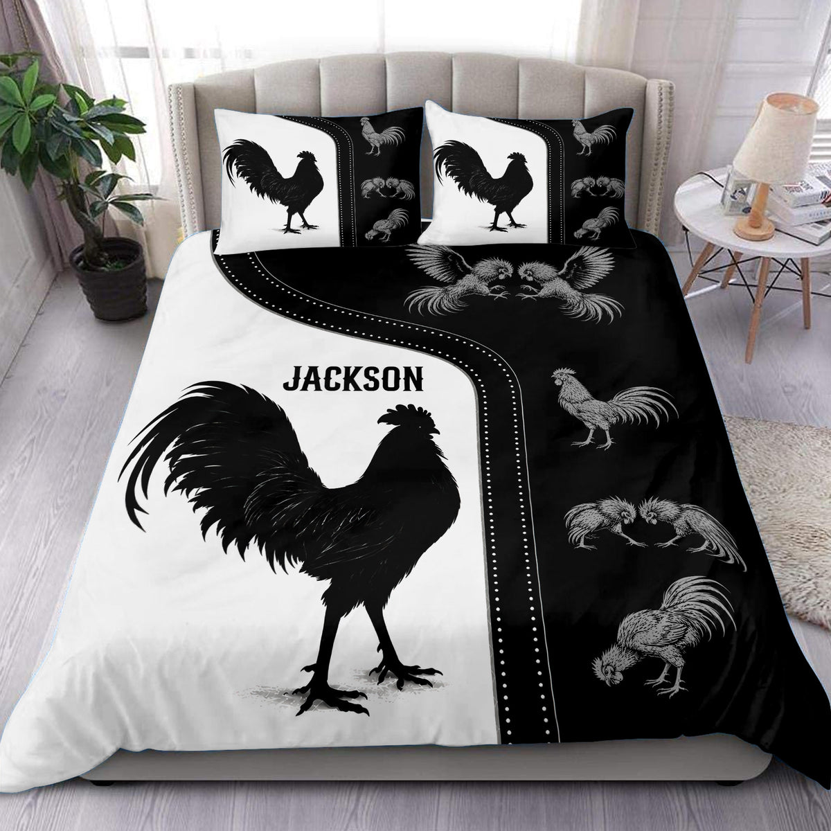 Black and white chicken duvet cover set displayed on a modern bed with matching rooster pillowcases