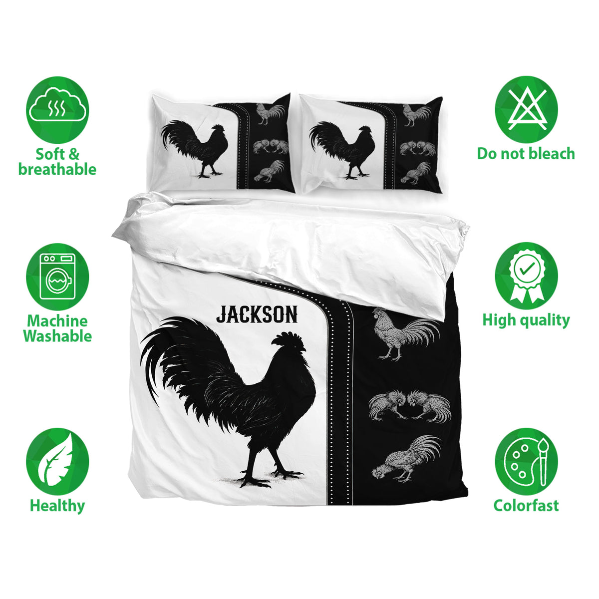 Chicken duvet cover bedding set shown with soft breathable fabric and black and white rooster artwork