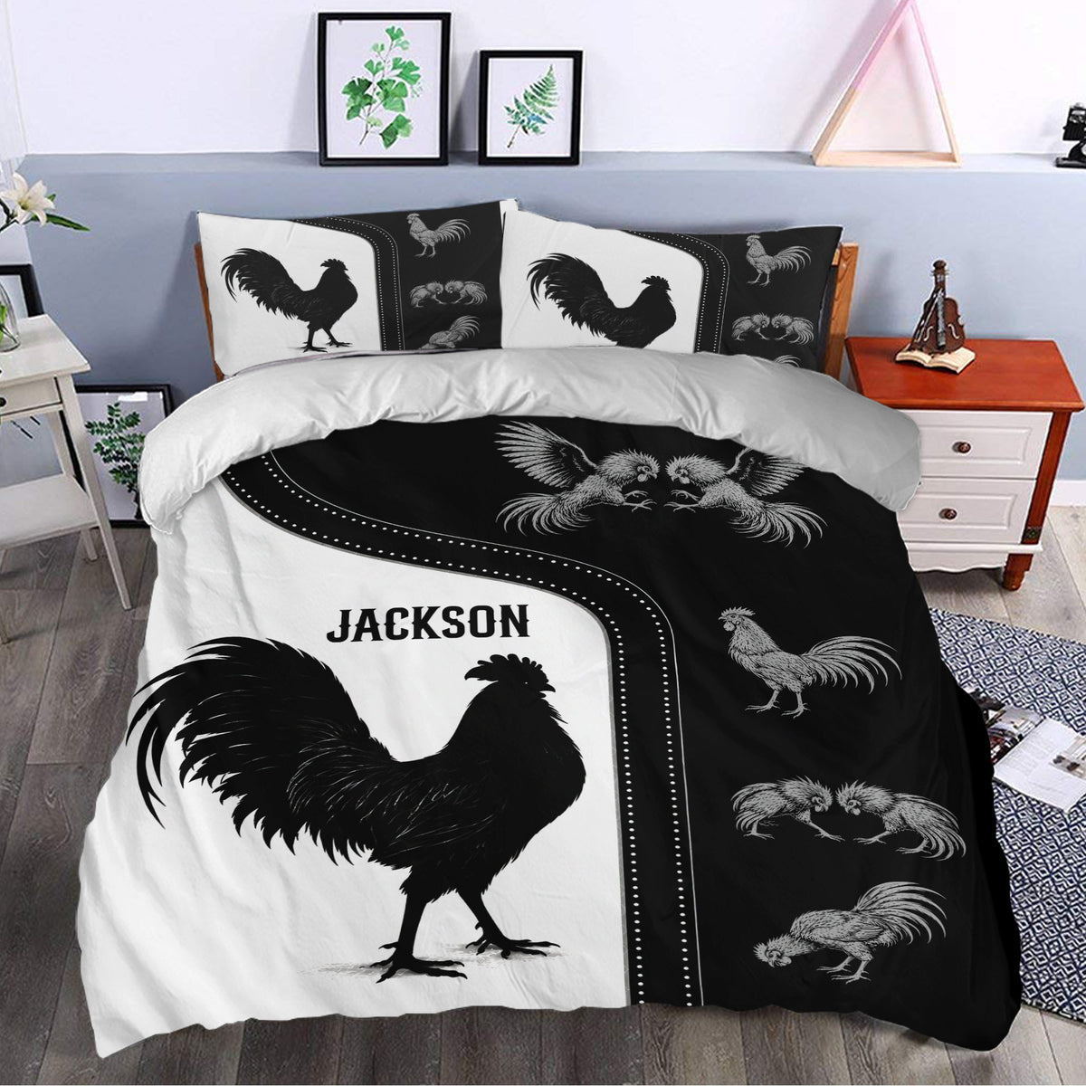 Black and white chicken bedding set styled in a contemporary bedroom with rooster illustrations