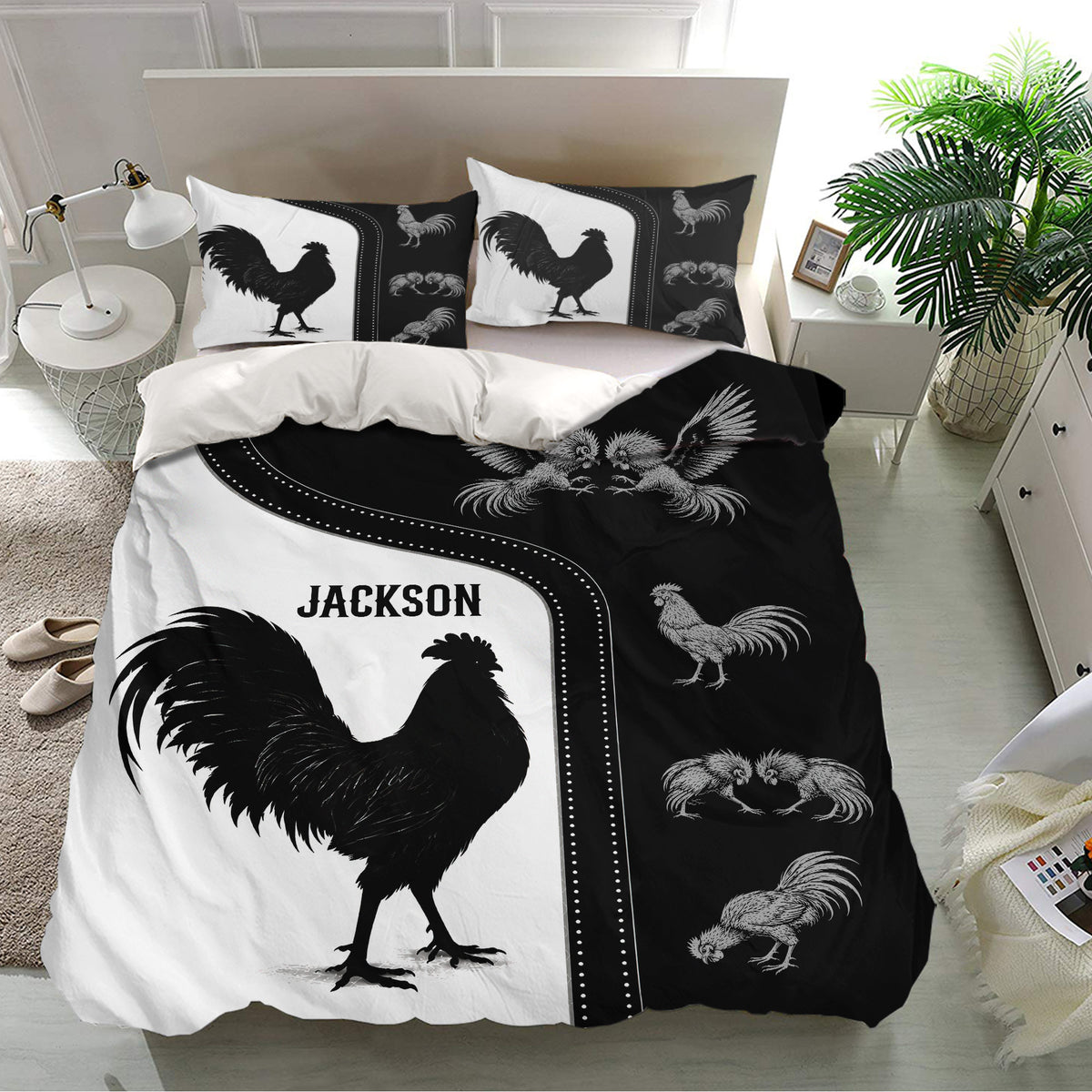 Chicken duvet cover bedding set presented in a bright bedroom with bold rooster and poultry artwork
