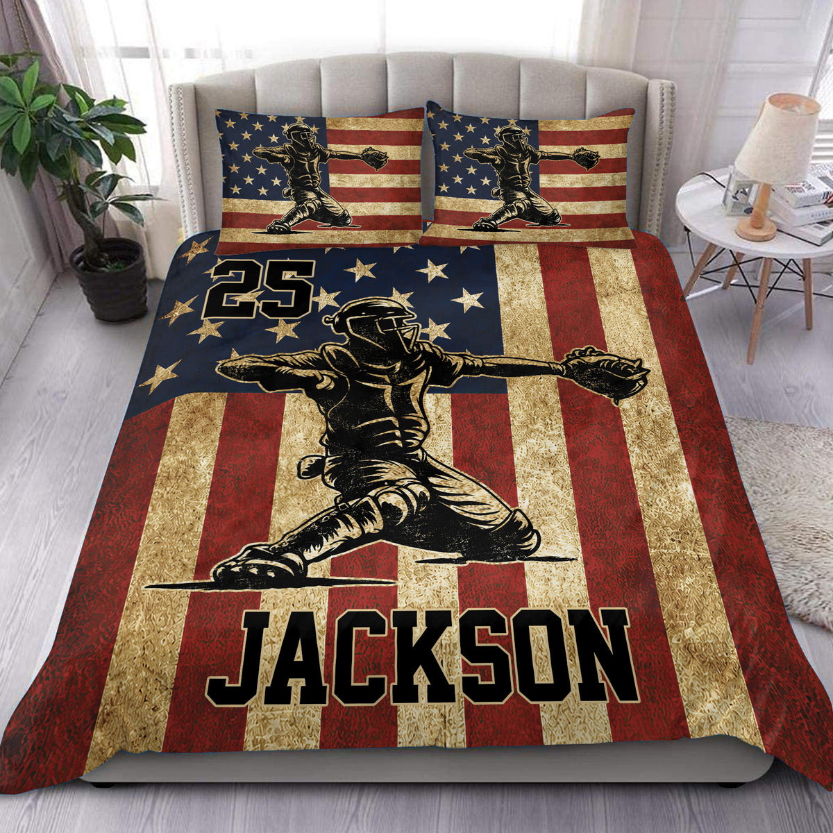Custom baseball duvet cover set with vintage patriotic stripes, stars, and bold player artwork