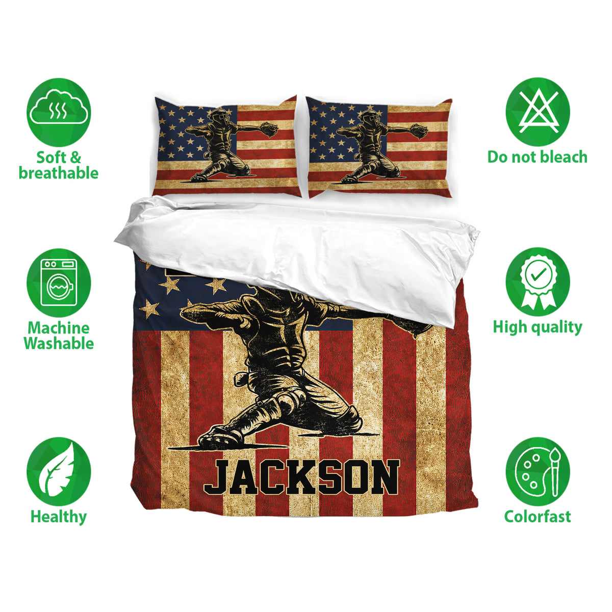 Baseball duvet cover bedding set displayed with vintage Americana artwork and soft bedroom styling