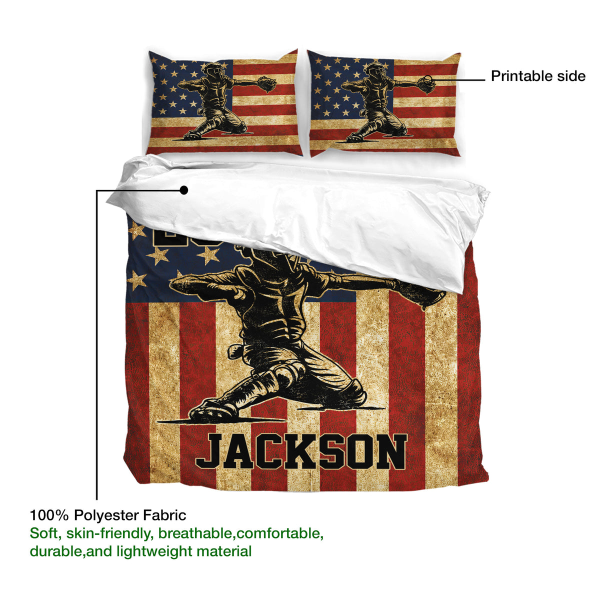 Baseball duvet cover set showing printable artwork and lightweight polyester fabric construction