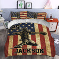 Baseball duvet cover bedding set styled in a modern bedroom with patriotic player artwork
