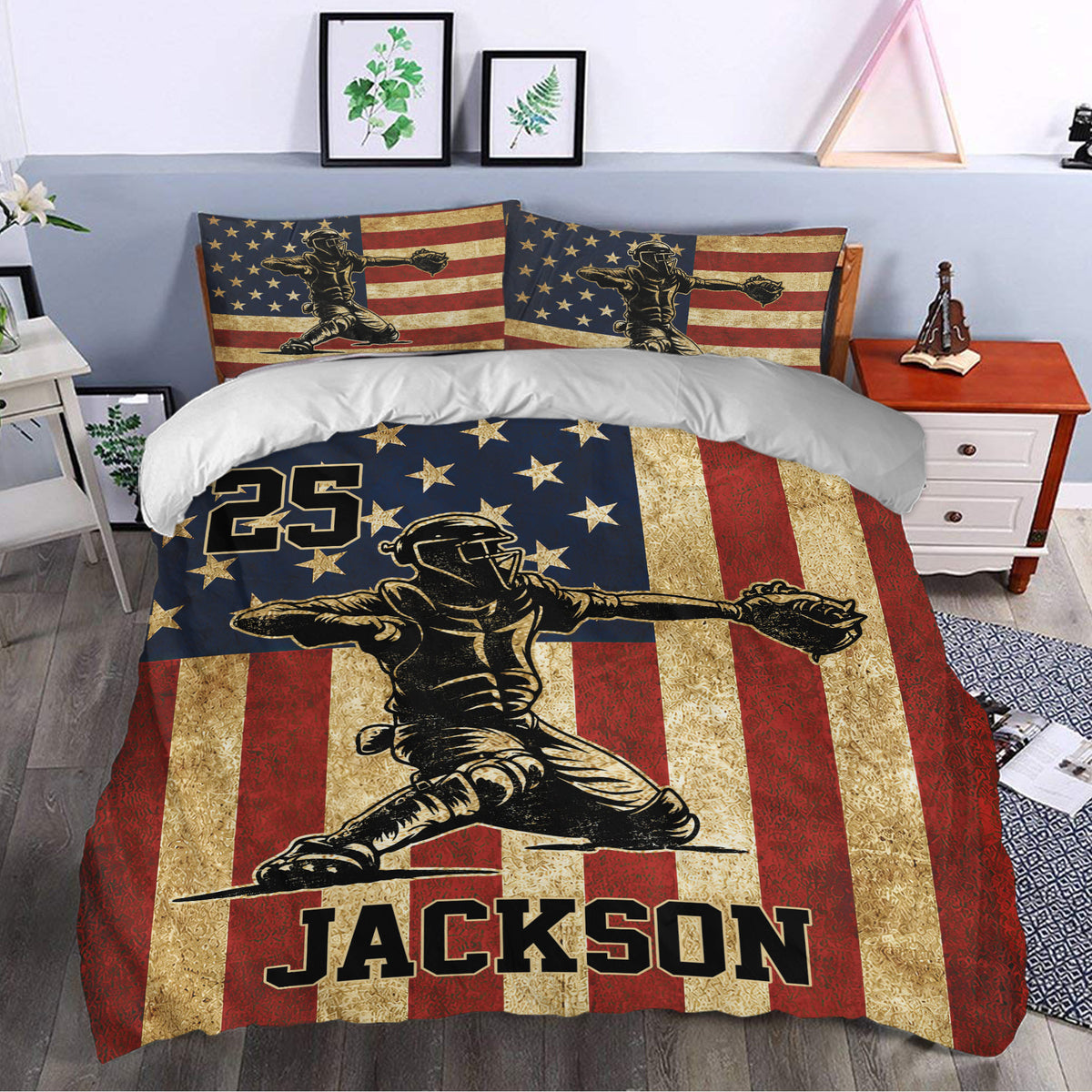 Baseball duvet cover bedding set styled in a modern bedroom with patriotic player artwork