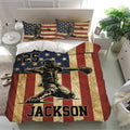 Baseball duvet cover set presented in a bright bedroom with stars, stripes, and player graphics