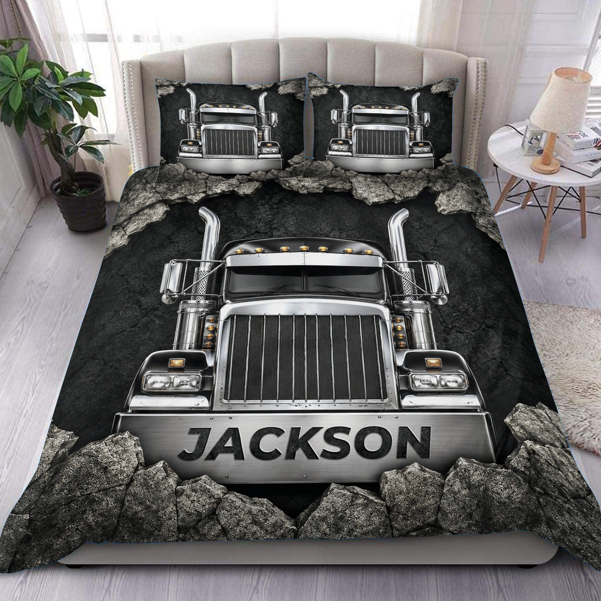 Custom trucker duvet cover set displayed on a bed with chrome semi truck artwork and rugged rock-textured scenery