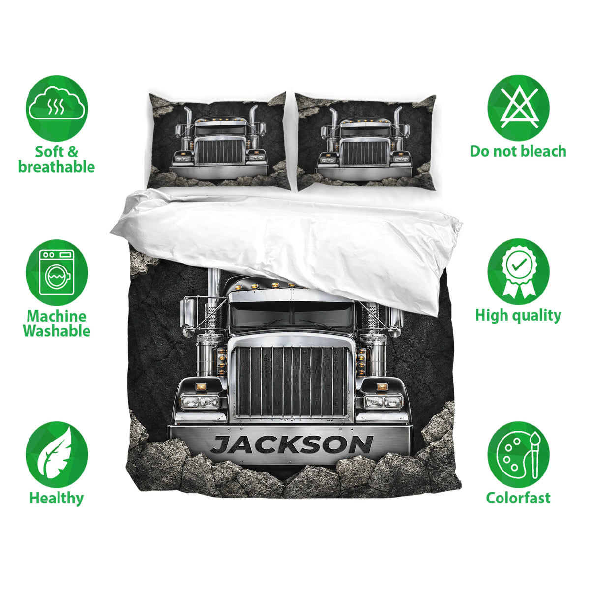 Trucker bedding set with semi truck artwork shown with pillowcases and soft breathable fabric feature icons