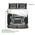 Trucker duvet cover set detail showing semi truck artwork, printable side, and black rock-textured design